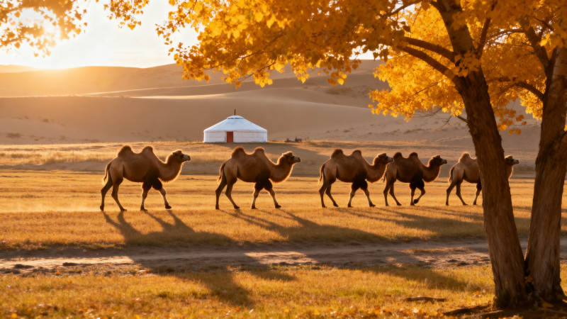 驼队行于秋日草原图片
