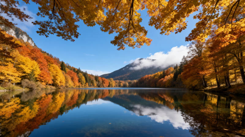 秋湖映彩林图片