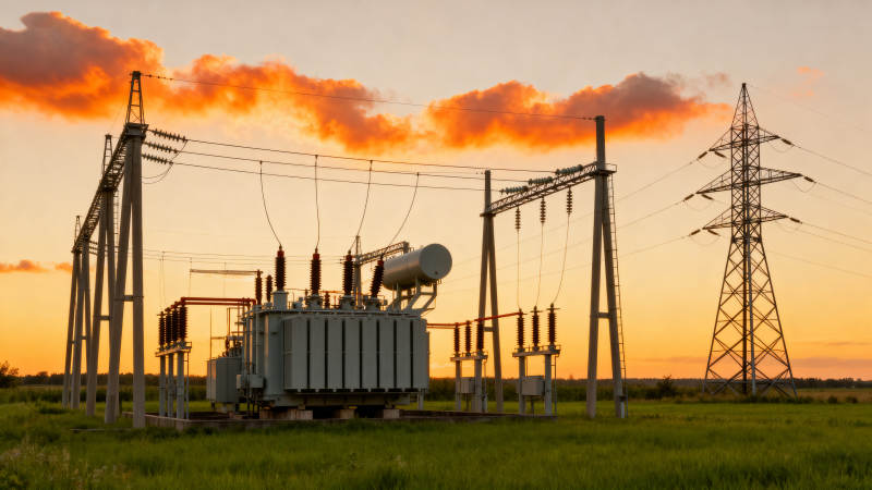 夕阳下的变电站图片