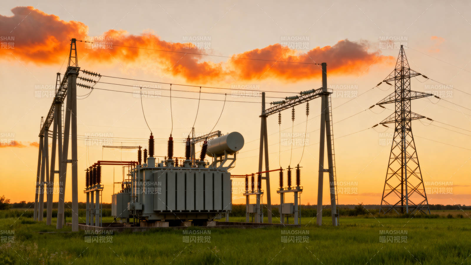 夕阳下的变电站图片
