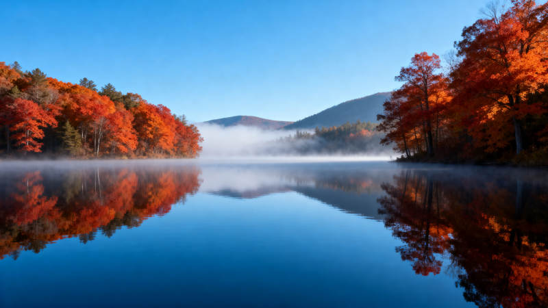 秋湖晨雾镜影图片