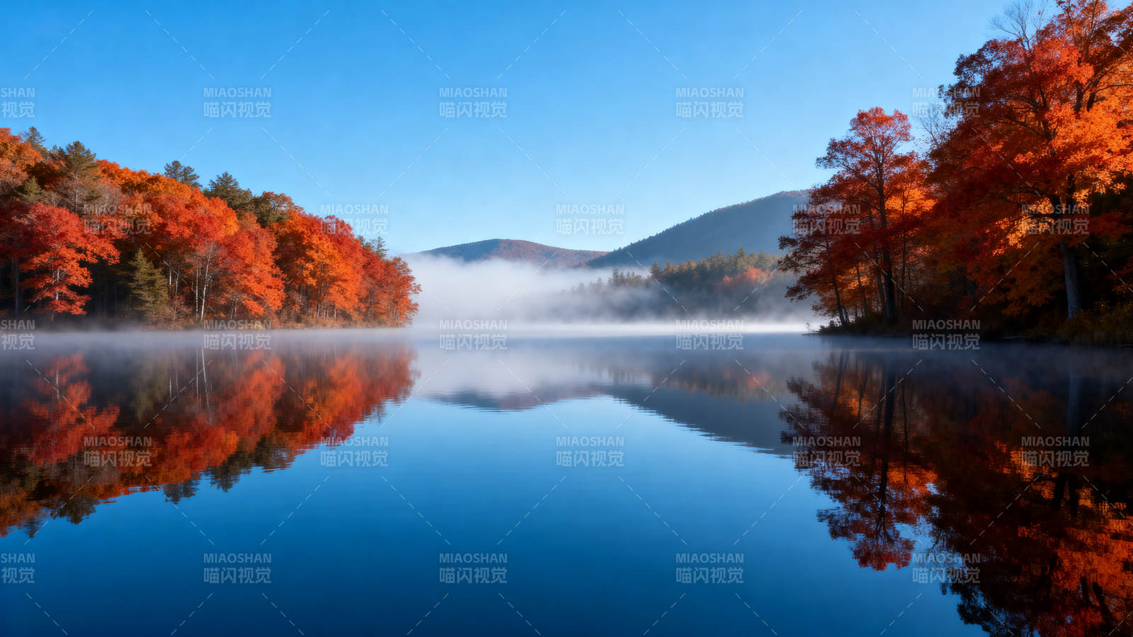 秋湖晨雾镜影图片