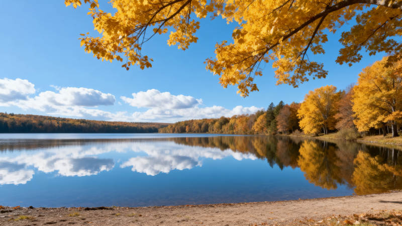 秋湖映彩林图片