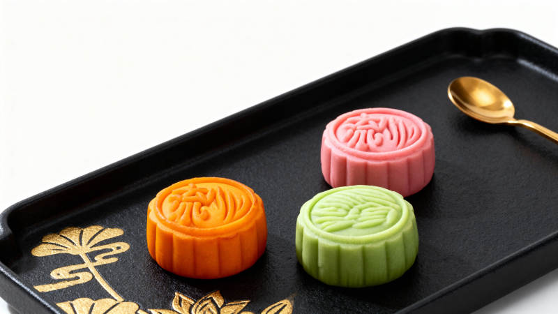 三色月饼静置托盘图片