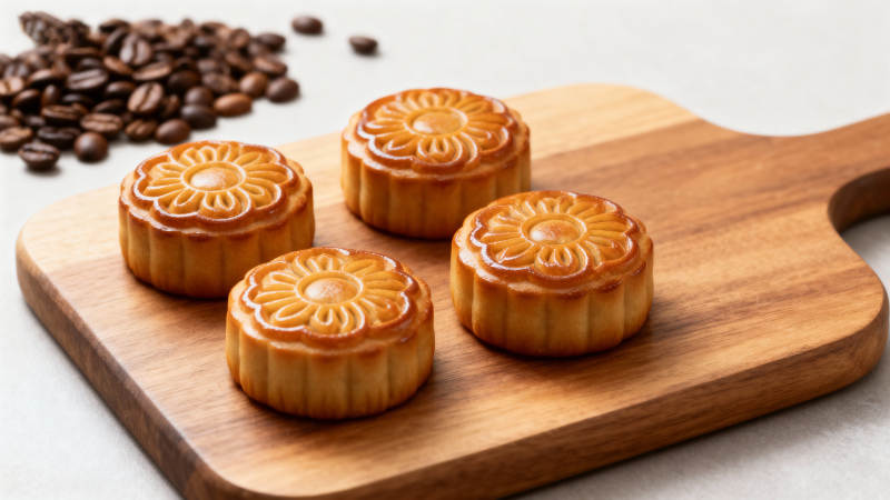 金黄月饼木板上图片