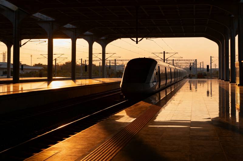 夕阳下的列车站台图片