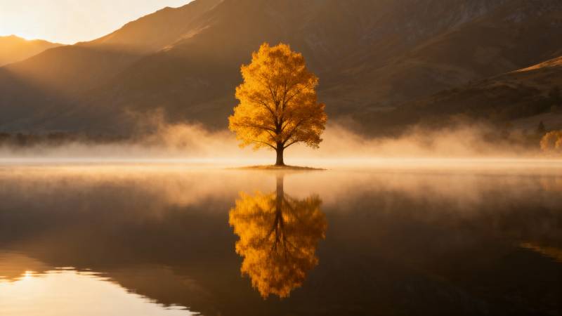 秋树映湖光图片