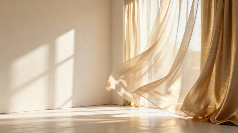 阳光透过金色窗帘图片