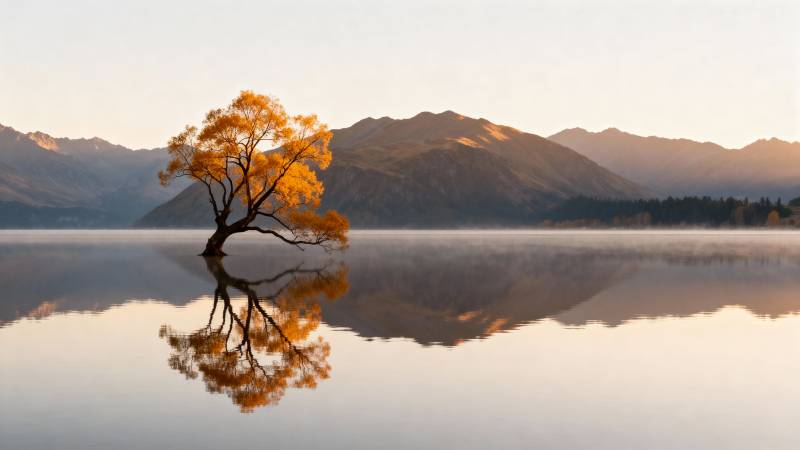 湖畔孤树映秋色图片