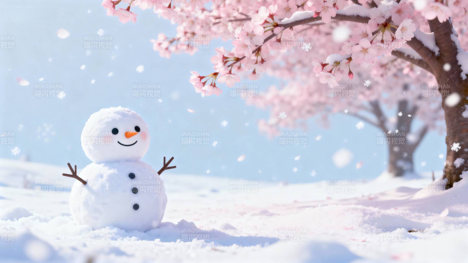 雪人与樱花图片