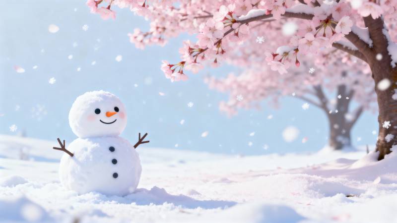 雪人与樱花图片