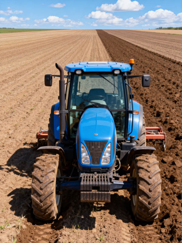 蓝色拖拉机耕作中图片
