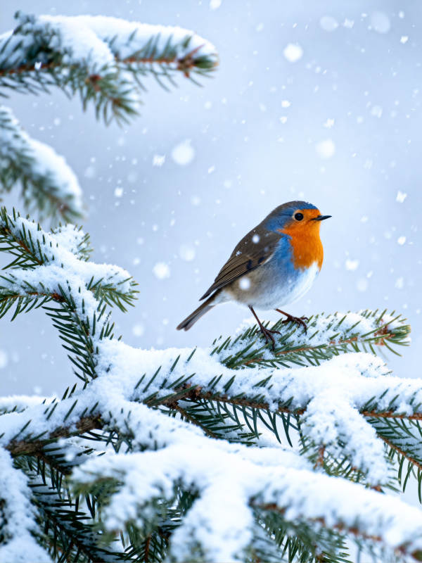 雪中红胸鸟图片