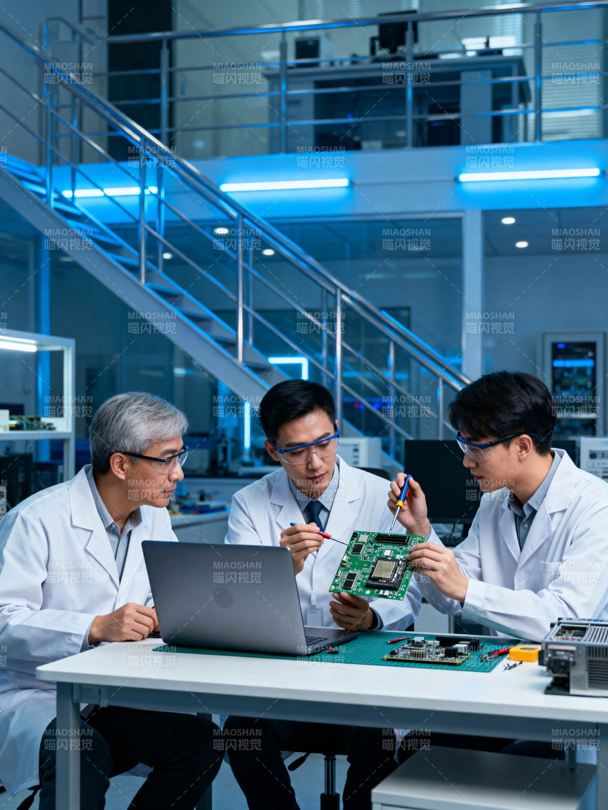 科研人员探讨电路板图片