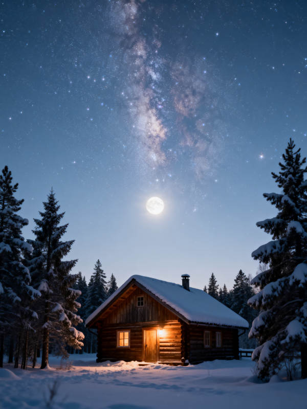 雪夜小屋星河梦图片