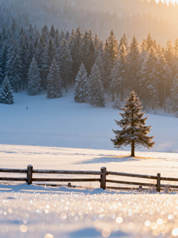 雪原孤松晨光图片