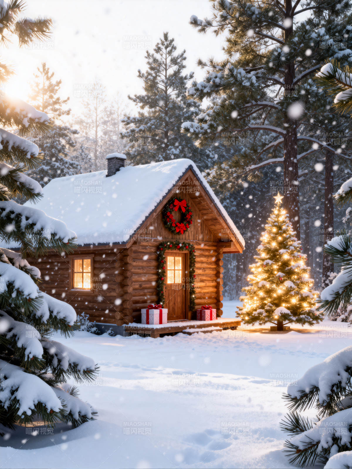 雪夜小屋圣诞景图片