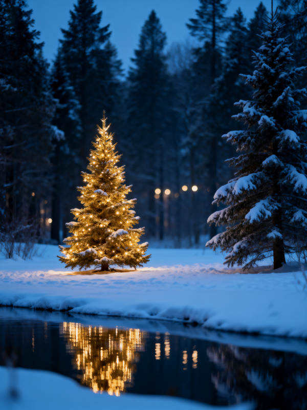 雪夜圣诞树倒影图片