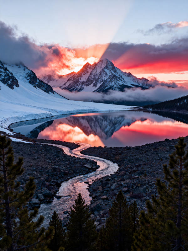 雪山映湖 霞光满天图片