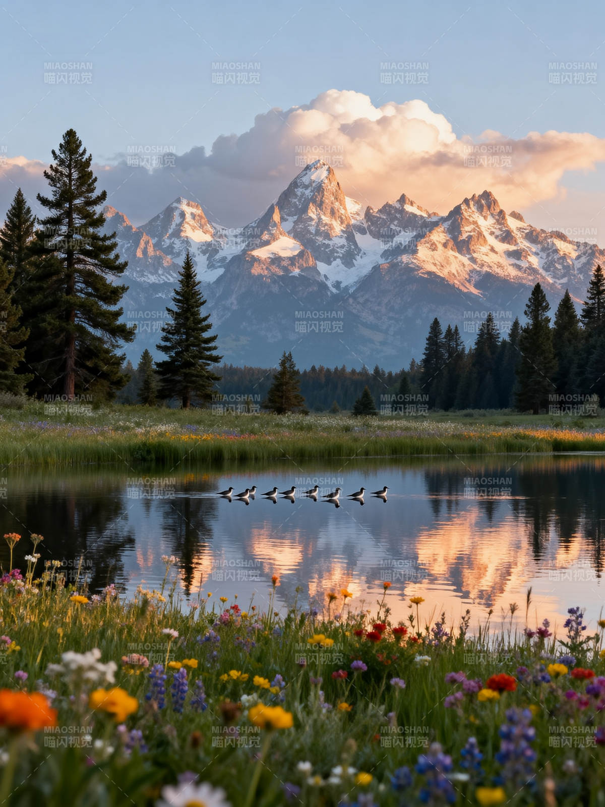 雪山映湖 花海鸭行图片