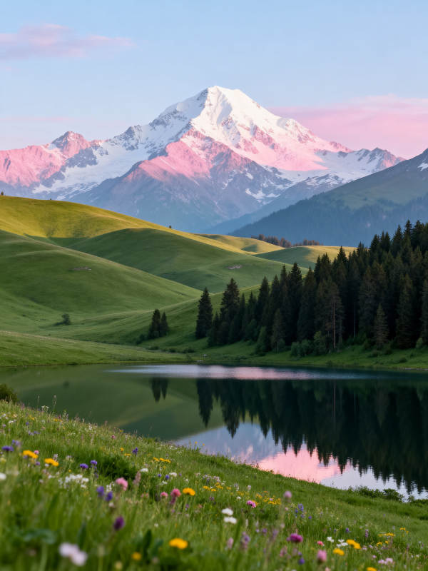 雪山映湖 花海如画图片