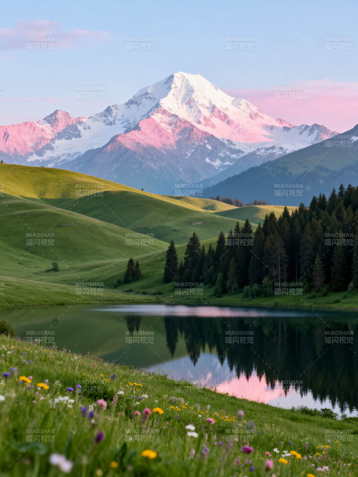 雪山映湖 花海如画图片