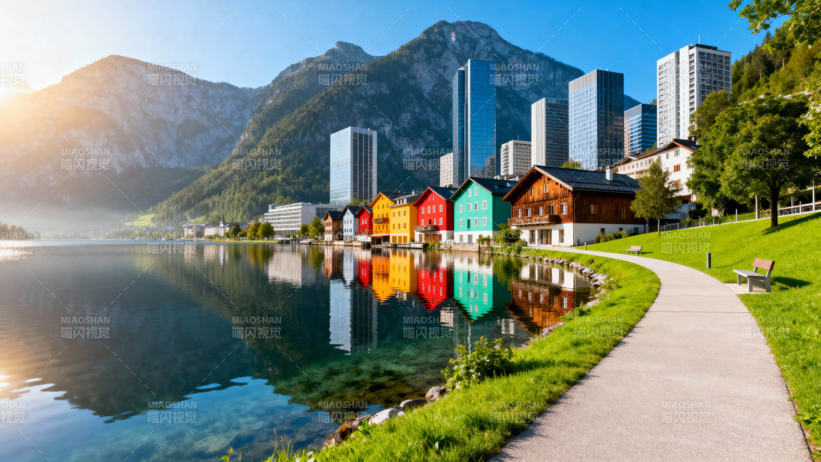 湖畔山城风光图片