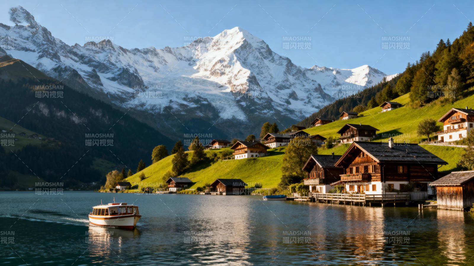 湖畔雪山小屋图片