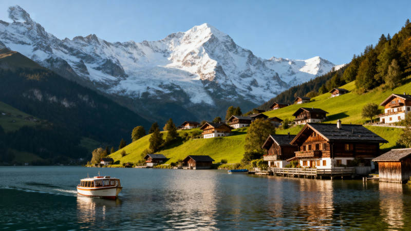 湖畔雪山小屋图片