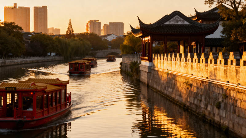 夕阳下的古运河游船图片