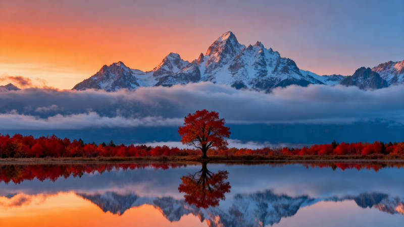 秋山映水 孤树红叶图片