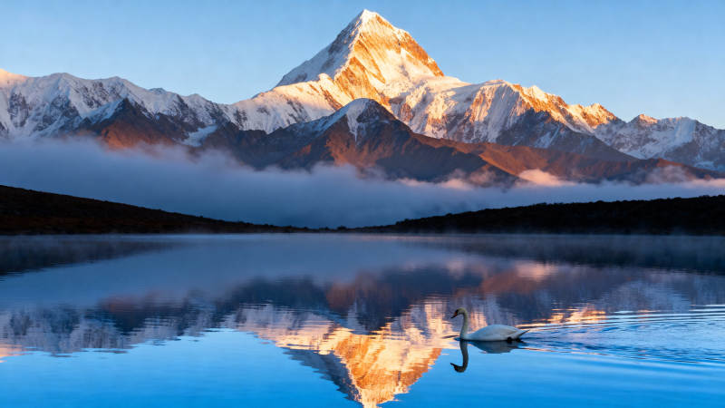 雪山倒影湖中天鹅图片