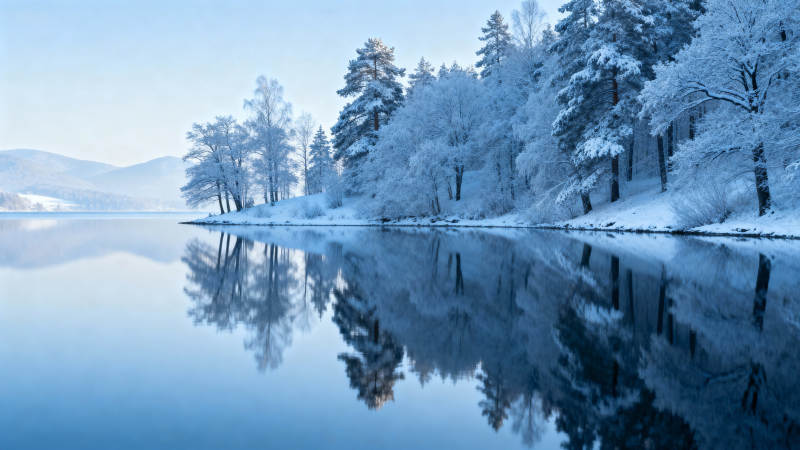 冬湖雪景倒影图片