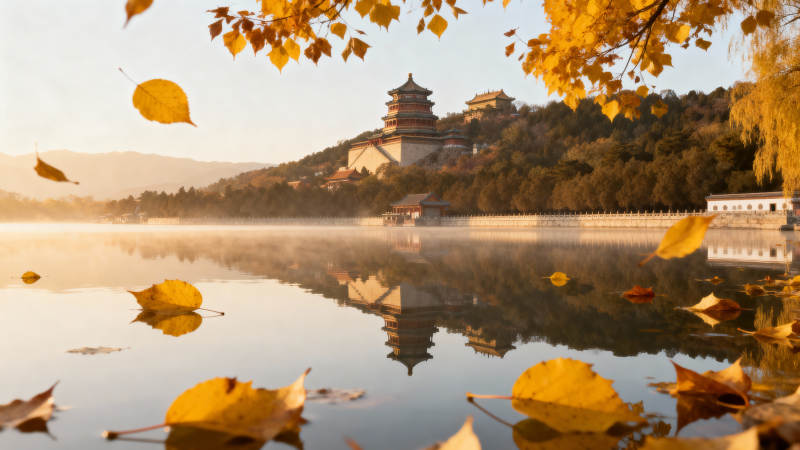 秋湖映古塔图片