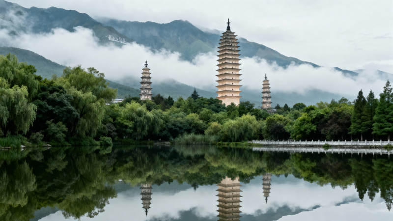 三塔倒影湖光山色图片