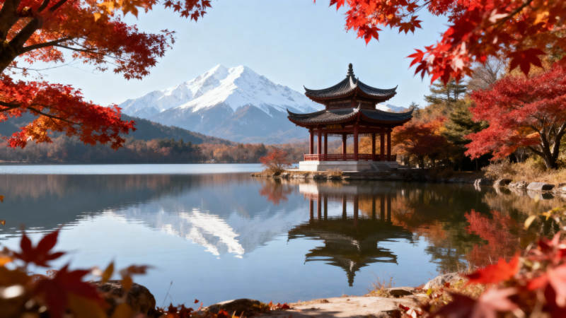 秋湖亭影山雪图片