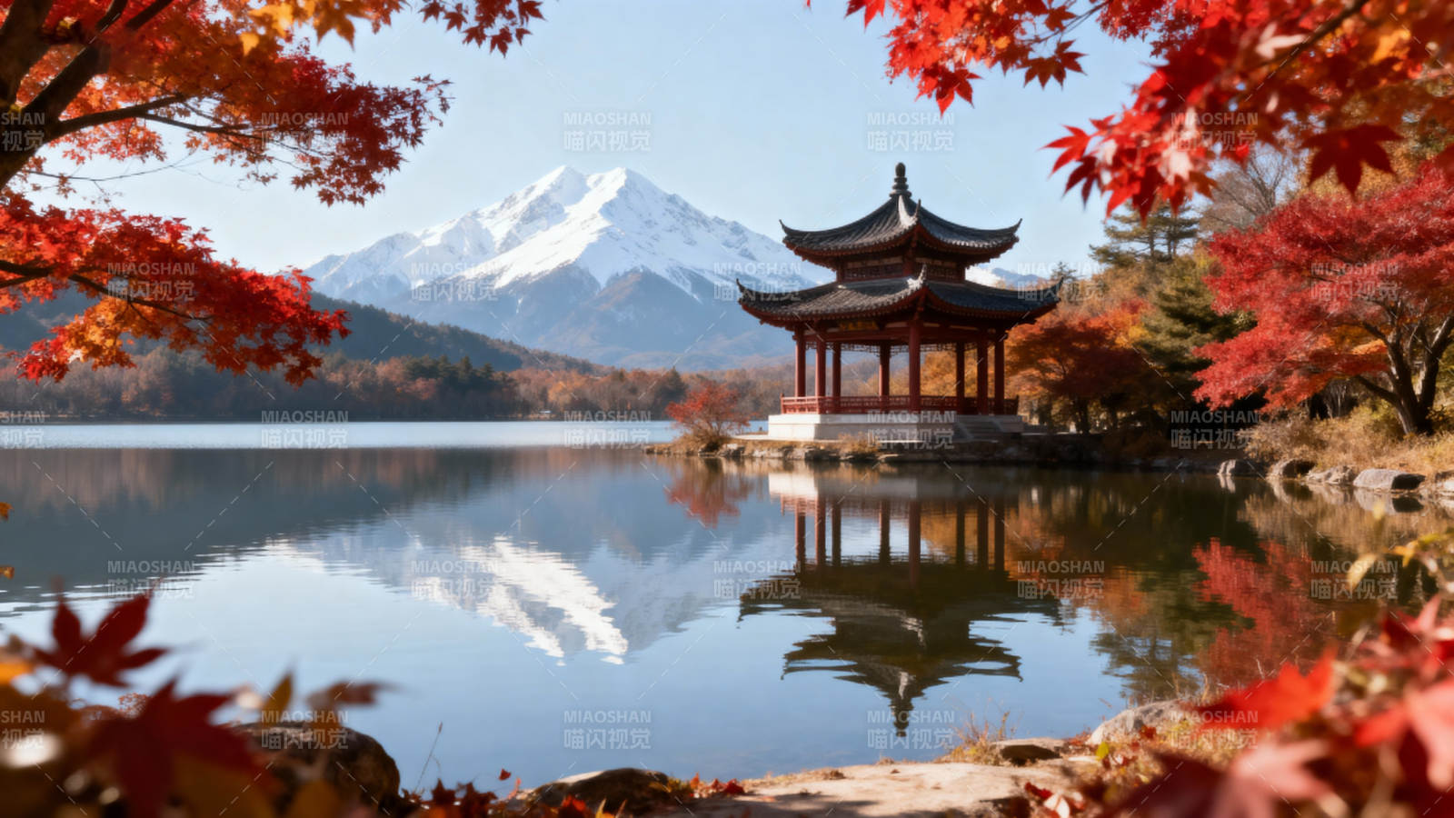 秋湖亭影山雪图片