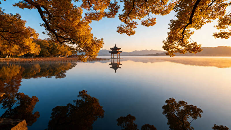 秋湖晨曦亭影图片