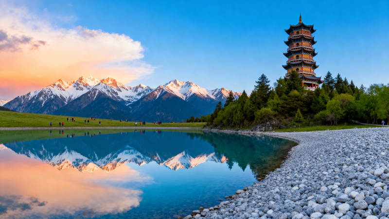 山水映塔 雪山倒影图片