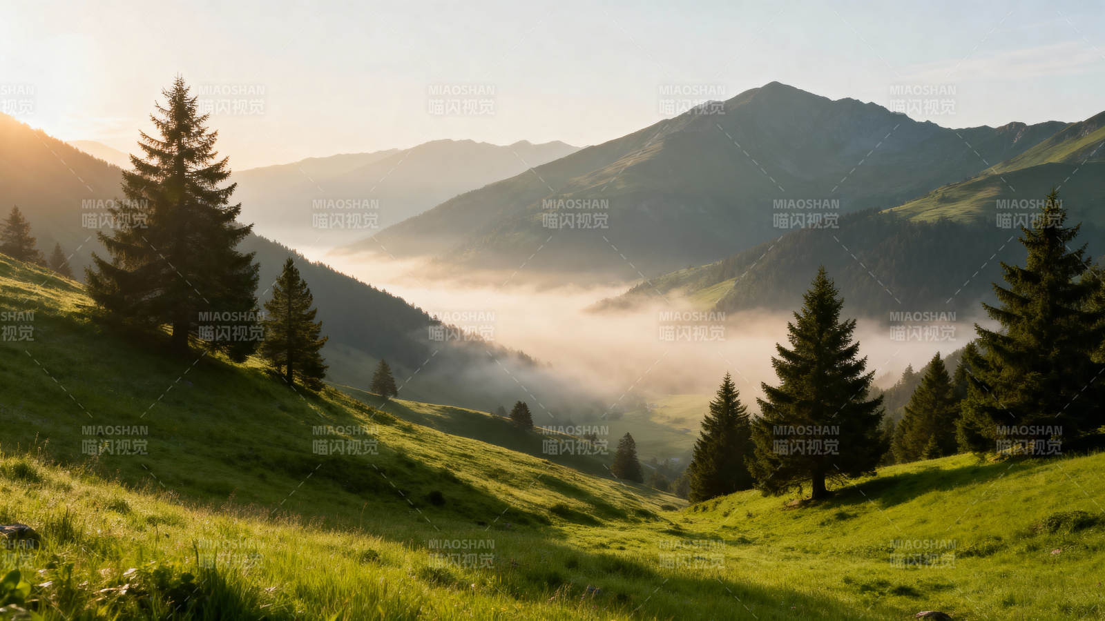 晨雾山间绿野图片
