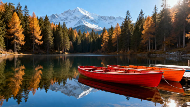 秋湖红舟映雪山图片