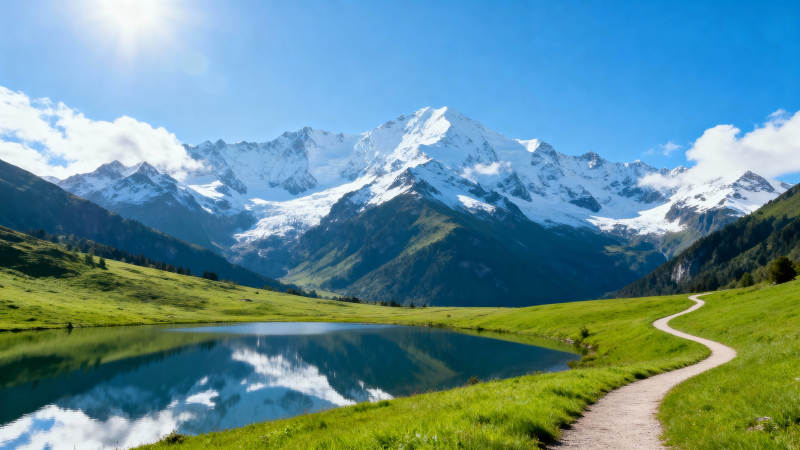 雪山湖畔小径图片