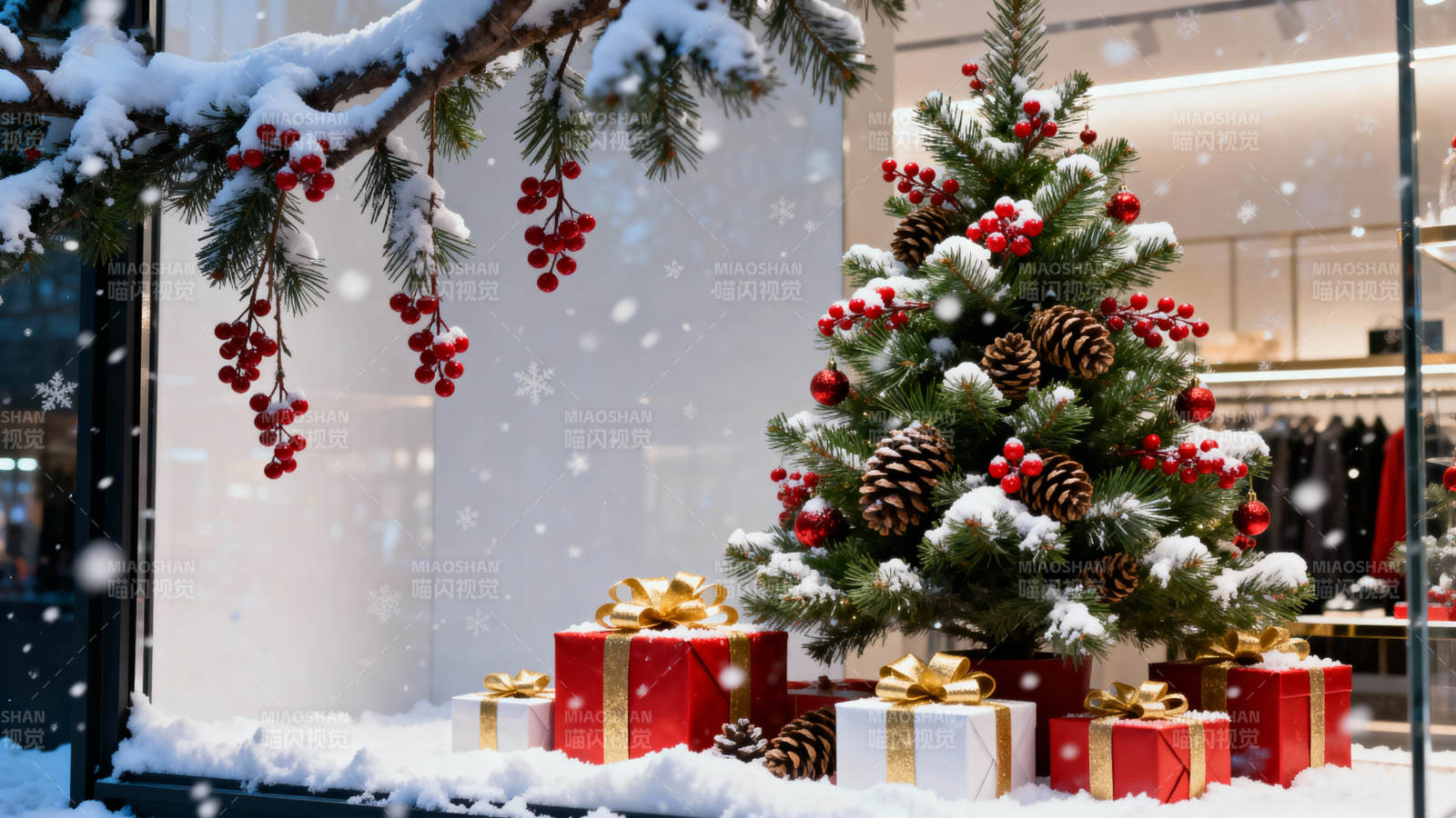 雪中圣诞树与礼物图片