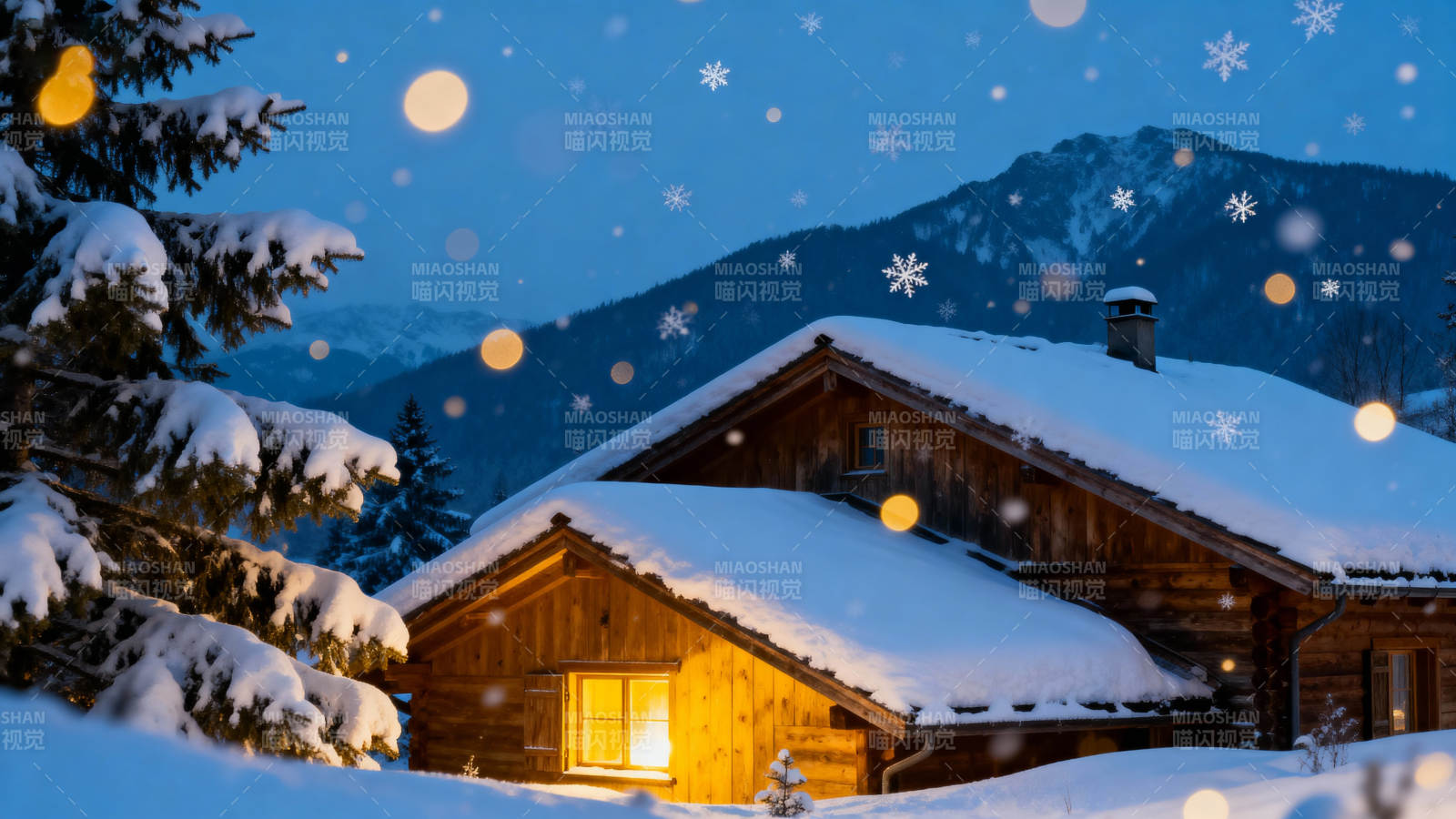 雪夜木屋暖光图片