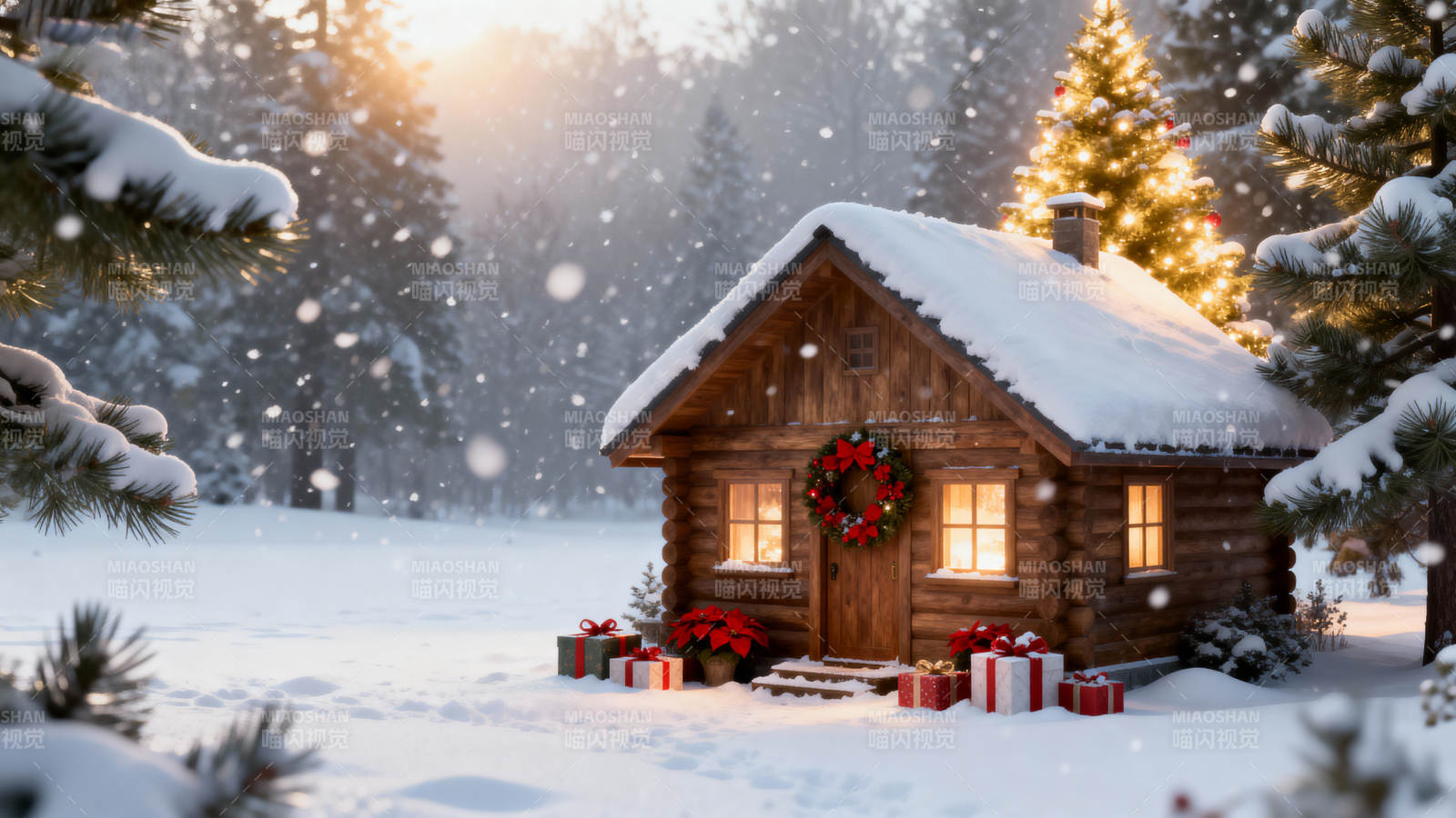 雪夜小屋圣诞景图片