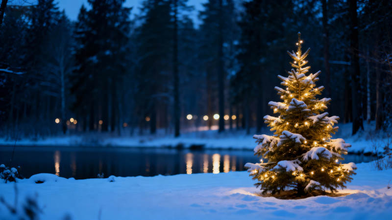 雪夜圣诞树图片