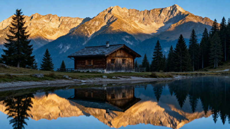山湖倒影小屋图片