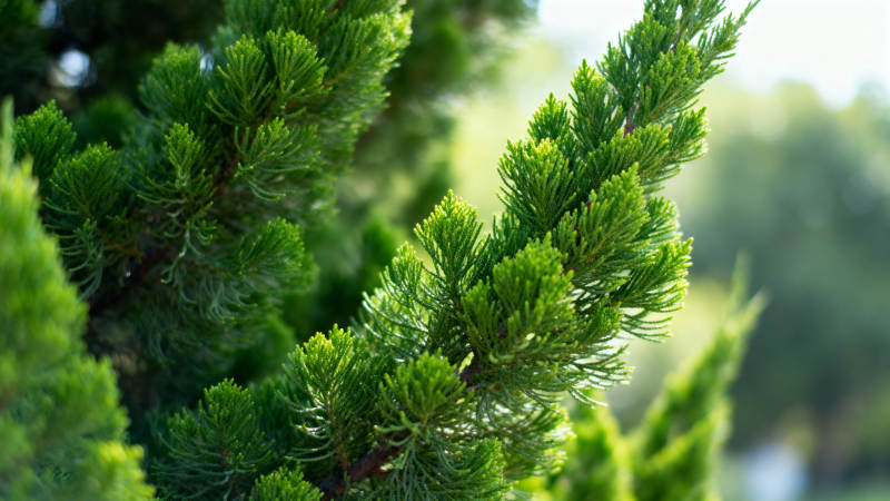 翠绿松枝迎风摇曳图片