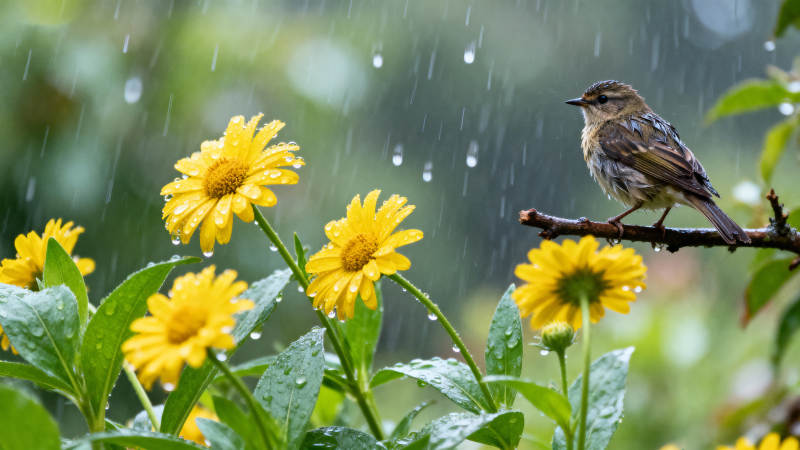 雨中鸟与黄花图片