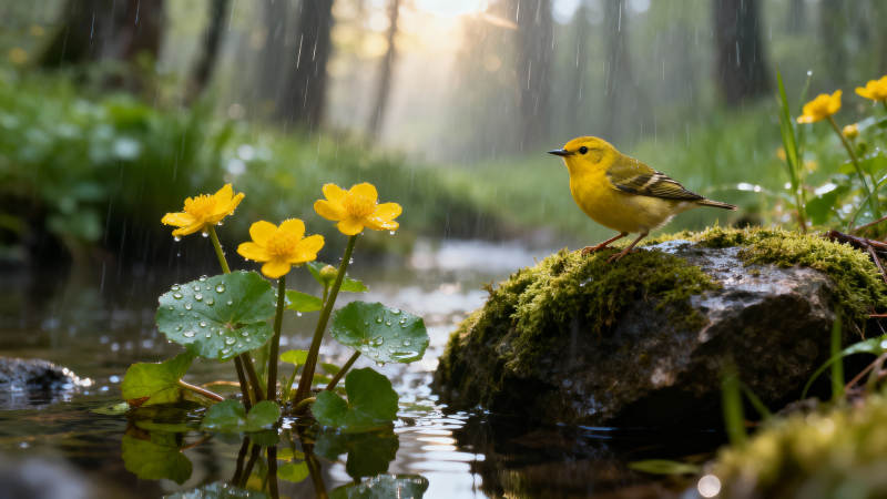 黄鸟栖石 花映溪流图片